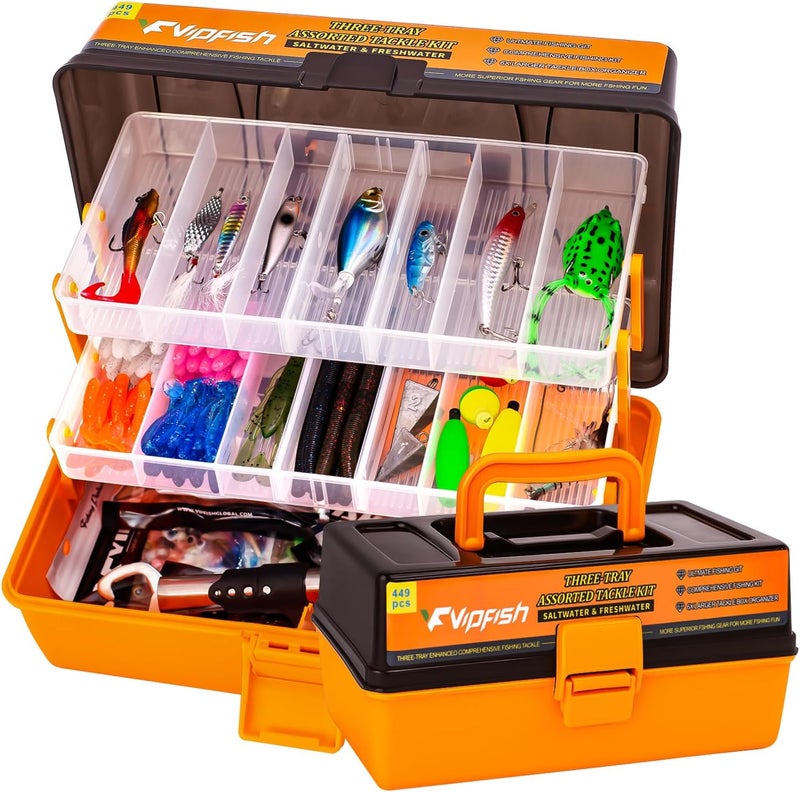 Vipfish 448-Pcs Fishing Lures Kit – Complete 3-Layer Tackle Box Set with Hooks, Weights, Bobbers, Pliers, Rigs, Leaders, Fluorocarbon Line, Accessories & More for Kids Fishing Gear (Orange) - Image 1
